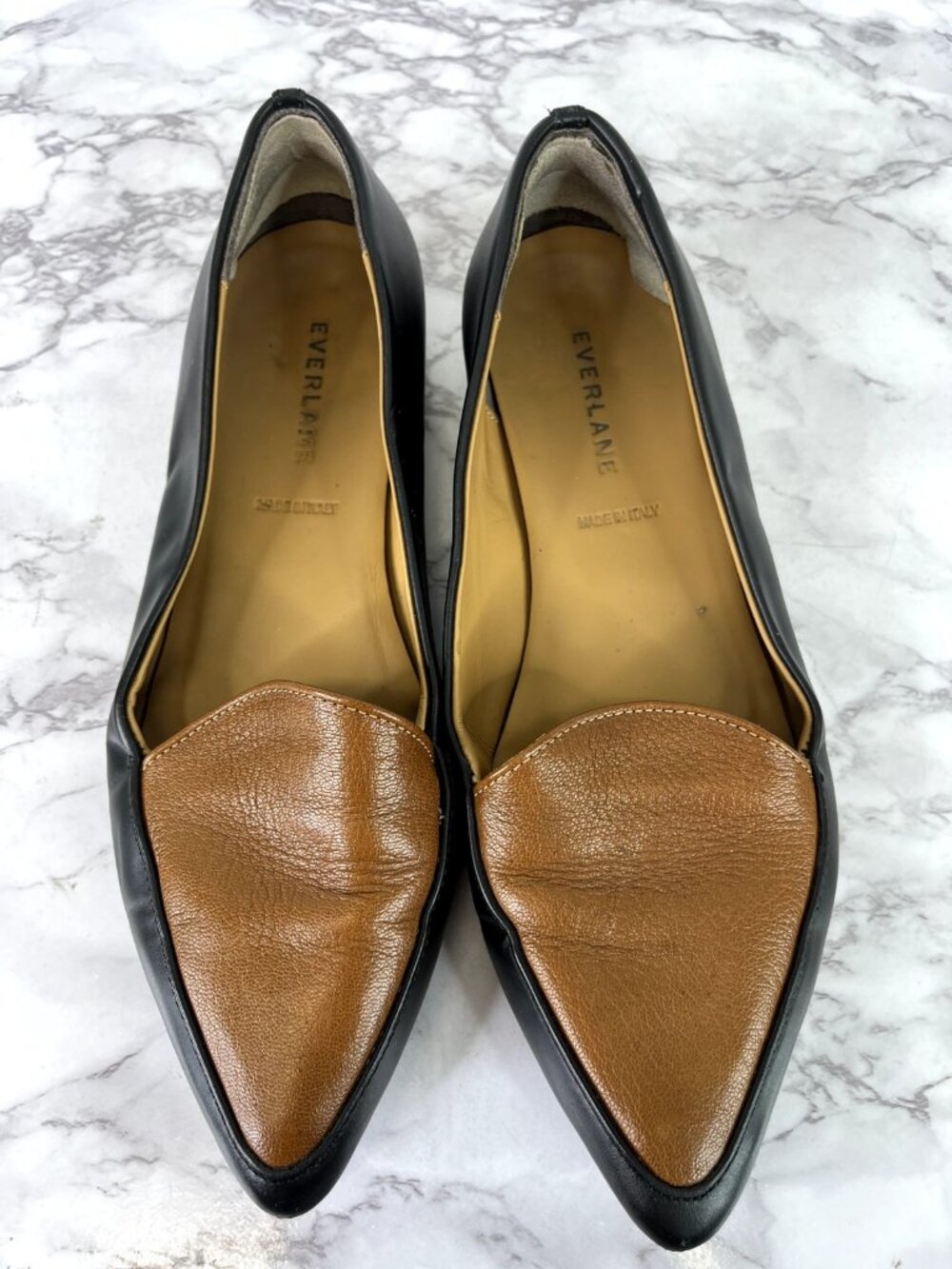 Everlane Womens The Modern Point Flat Black & Cognac Leather Sz 7